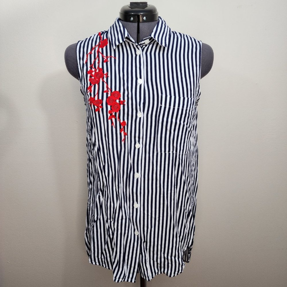 Velvet Heart, Navy Blue Striped, Sleeveless Top with Red Floral Embroidery.